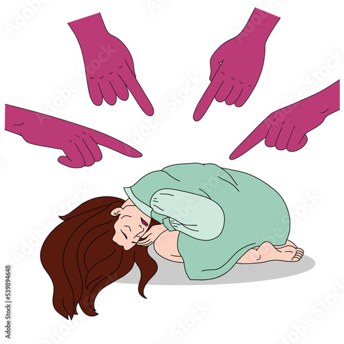 Concept of bullying and harassment. Depressed woman suffering from abuse and crying after being bullied. Cartoon style. Vector.