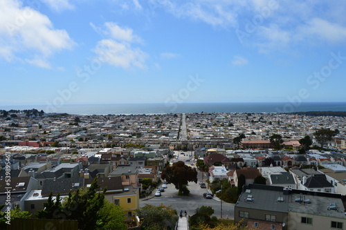 View over the Outer Sunset neighborhood in San Francisco, California with the Pacific Ocean visible in the background. 