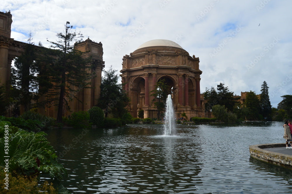 Central Pavilion at the Palace of Fine Arts with lake in the foreground. 