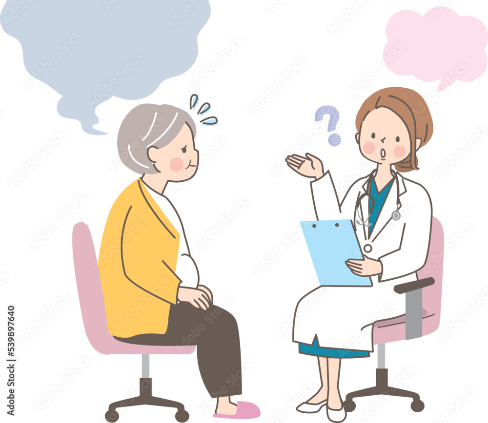シニア女性に診察をする女医のベクターイラスト素材/不安