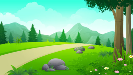 Acrylglasbilder Grüne Koralle Cute spring road landscape with mountains illustration in flat cartoon style  © Astira