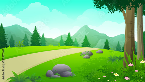 Cute spring road landscape with mountains illustration in flat cartoon style