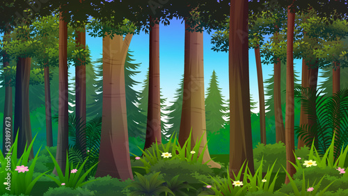 Deep Tropical Forest with thick bushes, plants and trees, nature landscape vector illustration