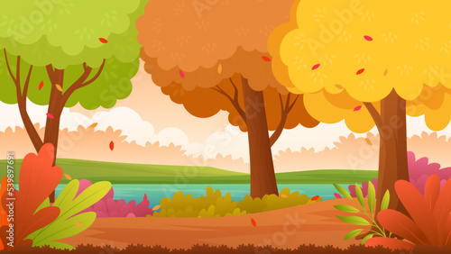 Beautiful autumn landscape with river vector illustration