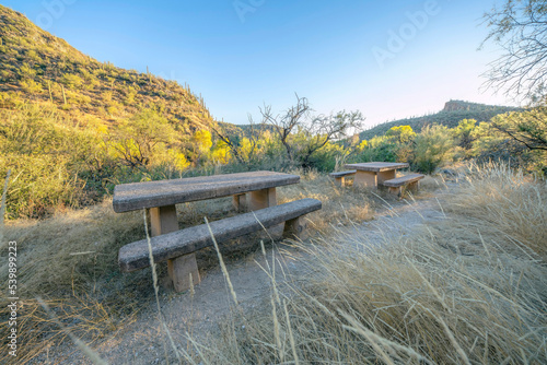 Picnic tables and benches along a hiking trail in Sabino Canyon Arizona