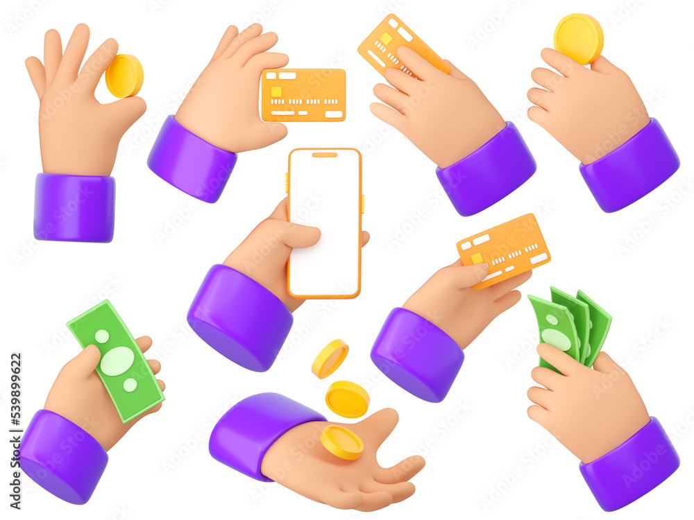 3d Human hands holding different kind of money. Banknote, coin and credit card. Online payment, mobile bankind, transaction, saving money and shopping concept. High quality isolated render 3d Human hands holding different kind of money. Banknote, coin and credit card. Online payment, mobile bankind, transaction, saving money and shopping concept. High quality isolated render