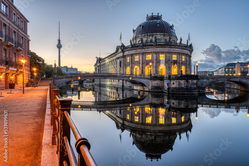 Photography The river Spree in Berlin before sunrise with the Bode-Museum and the Television
