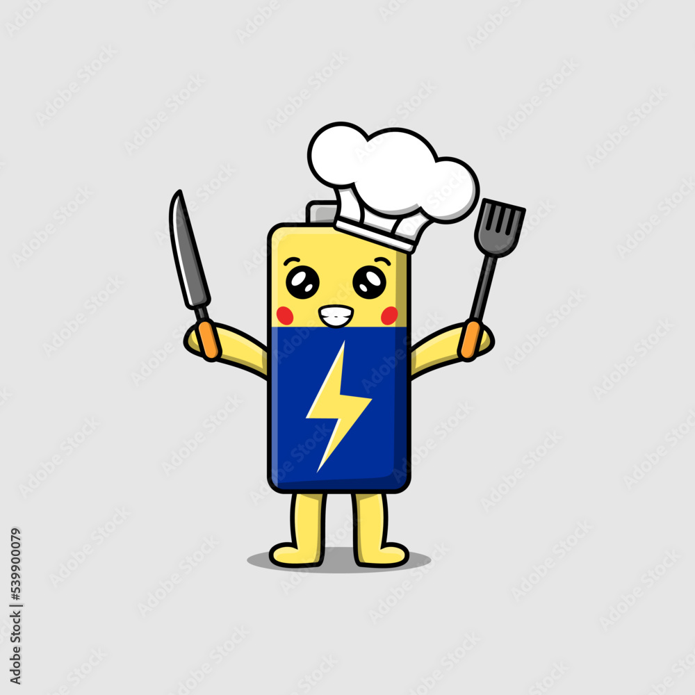 Cute cartoon Battery chef character holding knife and fork in flat cartoon style illustration