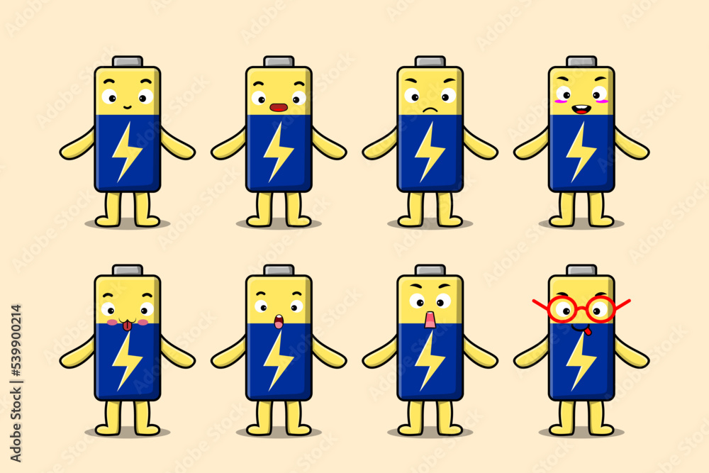 Set kawaii Battery cartoon character with different expressions cartoon face vector illustrations Set kawaii Battery cartoon character with different expressions cartoon face vector illustrations
