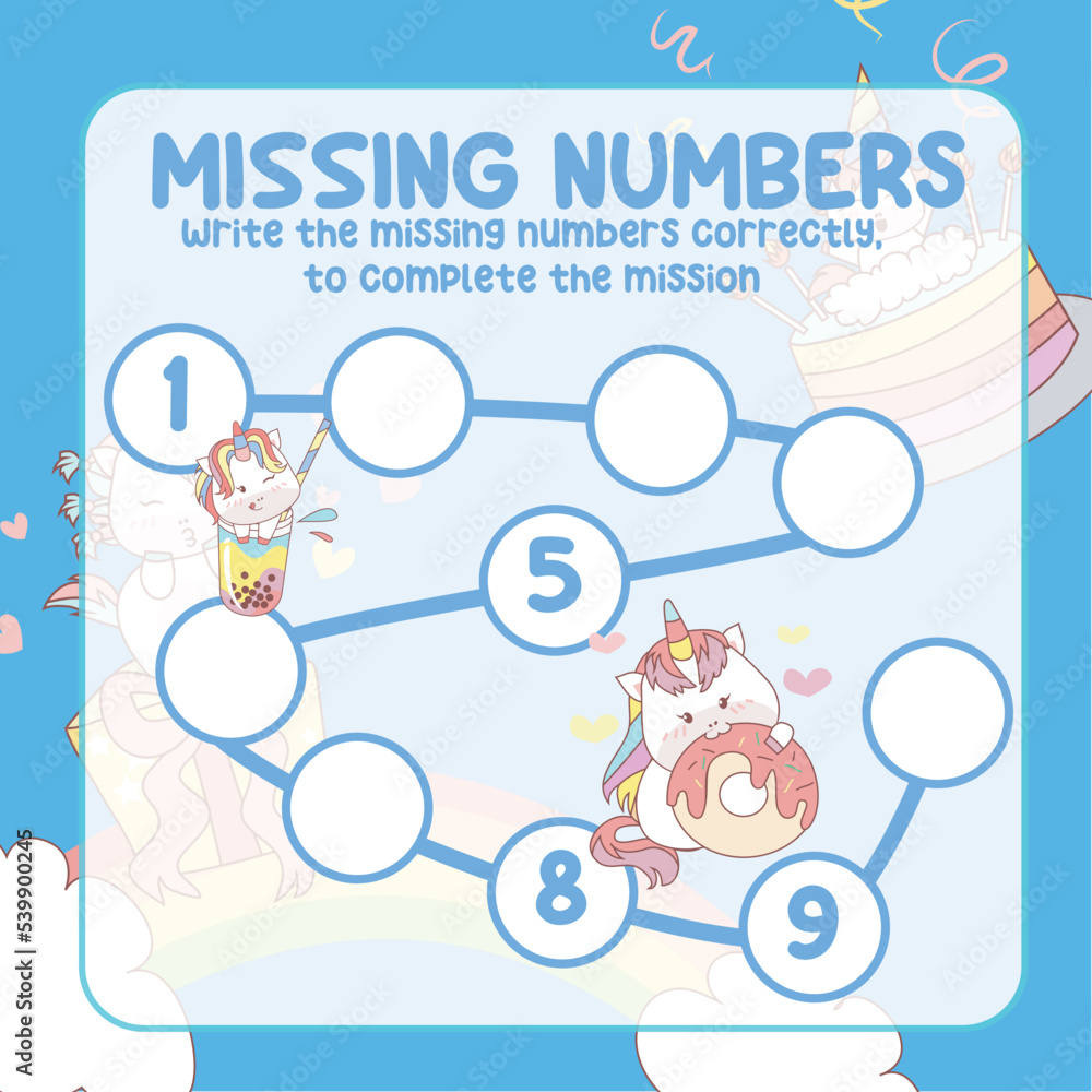 Fototapeta premium Math worksheet for kids ready to print file. Counting exercise for children kawaii unicorn. Write the missing number correctly. 