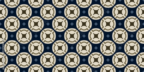 Modern geometric pattern seamless background abstract round tiles motif mosaic texture. Blue, white, beige, gold colors palette.