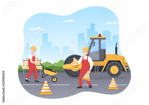 Road Construction and Highway Maintenance Workers Working on Asphalt Roads with Drilling Machine on Flat Cartoon Hand Drawing Template Illustration