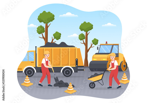 Road Construction and Highway Maintenance Workers Working on Asphalt Roads with Drilling Machine on Flat Cartoon Hand Drawing Template Illustration