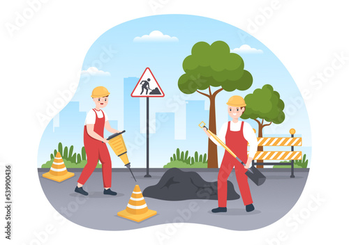 Road Construction and Highway Maintenance Workers Working on Asphalt Roads with Drilling Machine on Flat Cartoon Hand Drawing Template Illustration