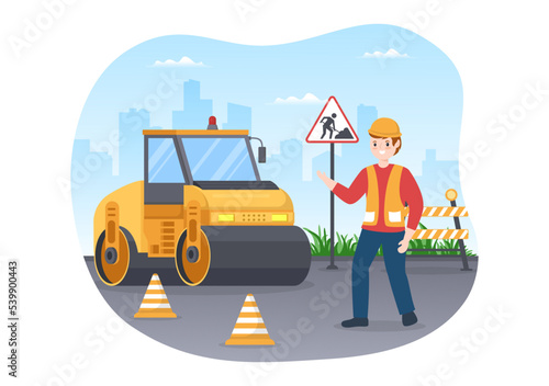 Road Construction and Highway Maintenance Workers Working on Asphalt Roads with Drilling Machine on Flat Cartoon Hand Drawing Template Illustration