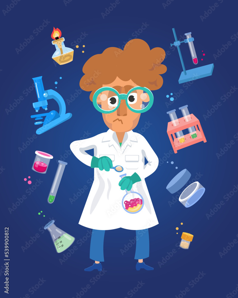 Scientist chemist among the objects. Microscope with mirror in cartoon flat style. Tools for laboratory and medical experiments. Vector isolated illustration in for design.