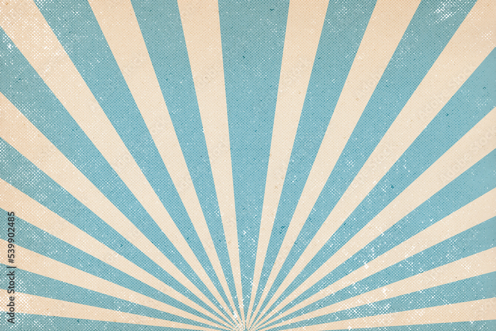 Retro circus grunge background with empty space on blue colorful stripes, radial pattern with sunbeam carnival background