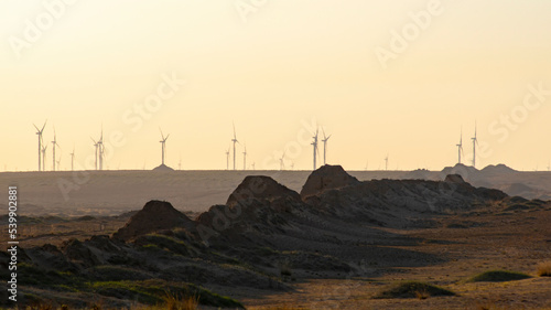 Remains of rammed earth Great Wall. At sunrise.