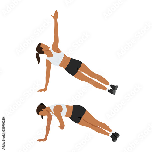Woman doing Thread the needle side plank exercise. Flat vector illustration isolated on white background