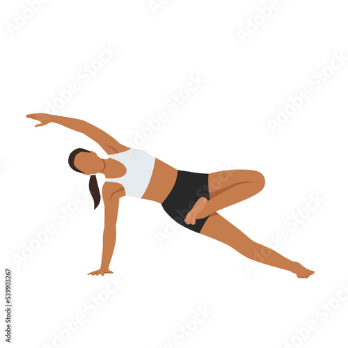 Woman doing Kasyapasana side plank with bound half lotus exercise. Flat vector illustration isolated on white background