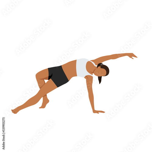 Woman doing Eagle leg side plank exercise. Flat vector illustration isolated on white background