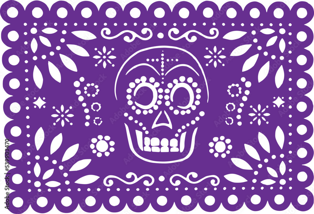Day of the Dead paper, Purple Papel Picado with a traditional Mexican skull head. Day of the Dead paper, Purple Papel Picado with a traditional Mexican skull head.