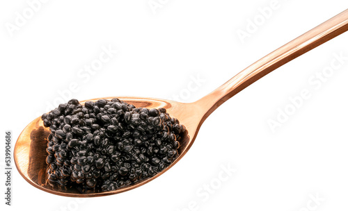 Luxury Black caviar in golden spoon isolated on white background, Texture of expensive luxury caviar in golden spoon PNG File.