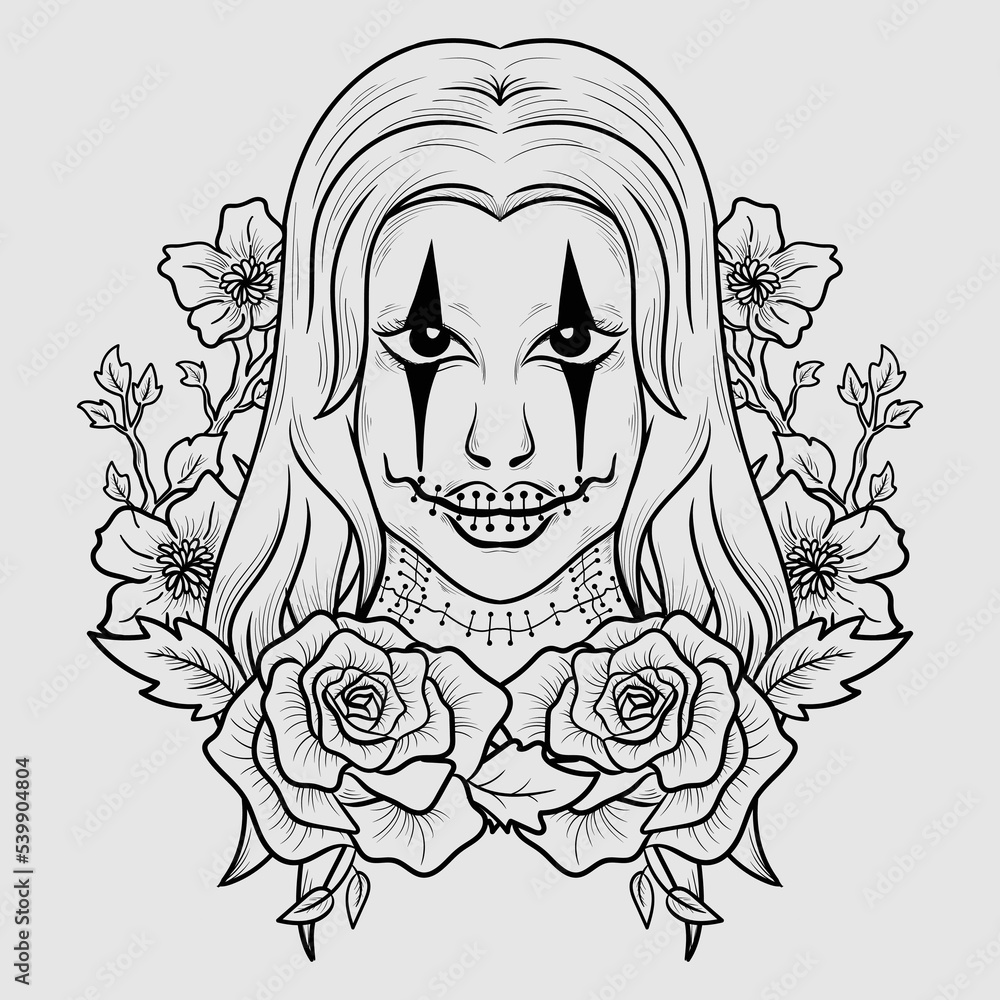 Obraz premium tattoo and t shirt design black and white hand drawn clown women engraving ornament