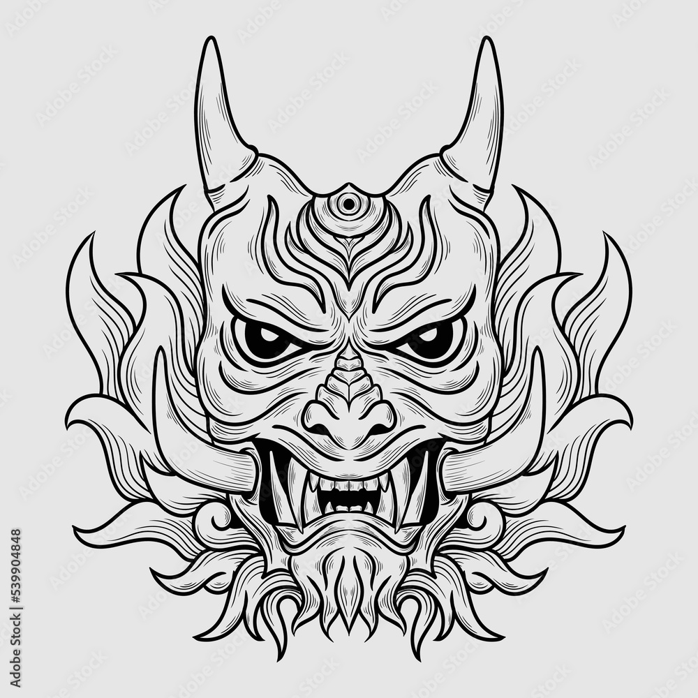 Obraz premium tattoo and t shirt design black and white hand drawn oni mask engraving ornament