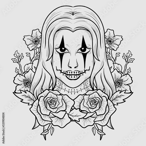 tattoo and t shirt design black and white hand drawn clown women engraving ornament