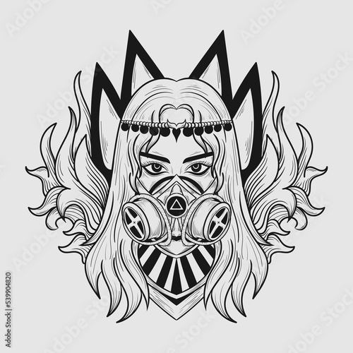 tattoo and t shirt design black and white hand drawn women gas mask engraving ornament