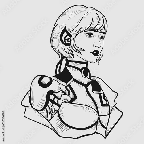 tattoo and t shirt design black and white hand drawn robot girl