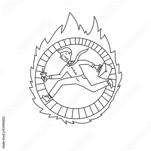 Doodle burnout employee runs in work wheel fire.