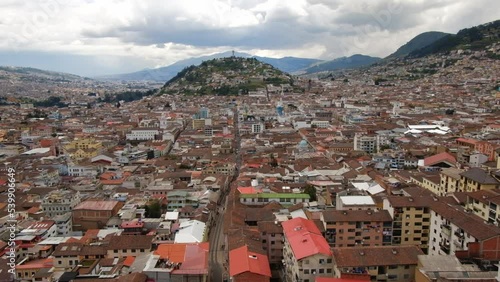 Basilica del Voto national aerial view reveal above Quito mountains neighbourhood, Ecuador
