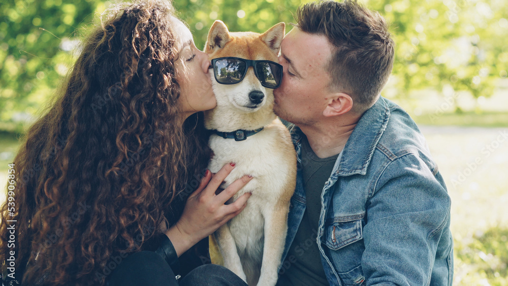 Happy people loving pet owners are fussing dog in sunglasses then kissing it while having fun in park on sunny day. Happy people loving pet owners are fussing dog in sunglasses then kissing it while having fun in park on sunny day.