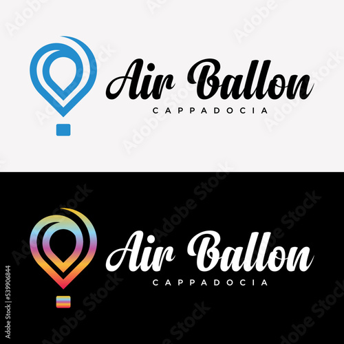 Set Pin Location Place Holiday. Air Balloon Travelling Holiday Logo Design Vector