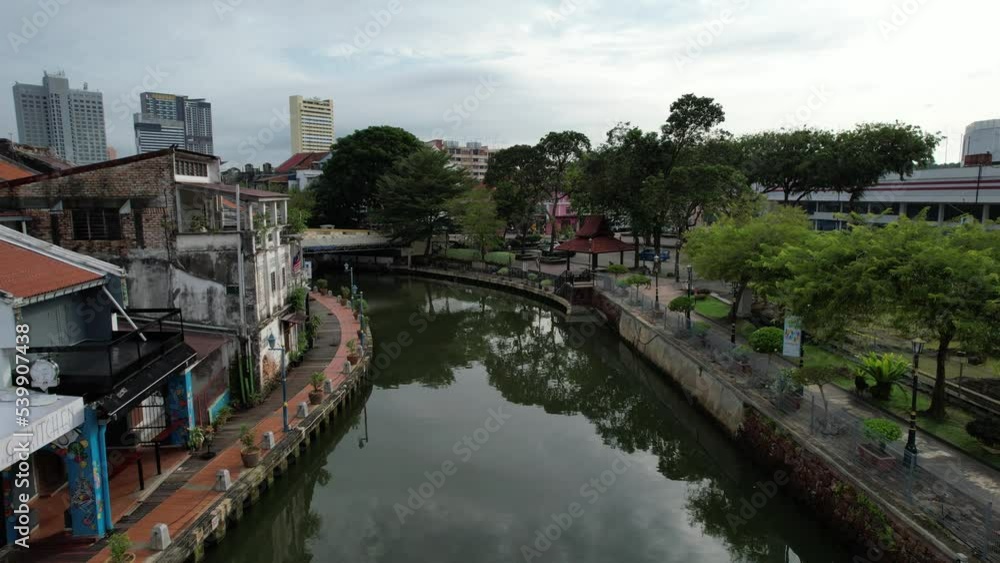Malacca, Malaysia - October 16, 2022: Aerial View of the Malacca River Cruise Malacca, Malaysia - October 16, 2022: Aerial View of the Malacca River Cruise