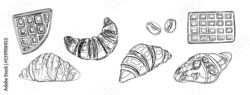 Croissant, waffles and coffee beans black and white sketch. Pastry isolated on white background. Illustration for the design of menus, showcases, packages, etc.