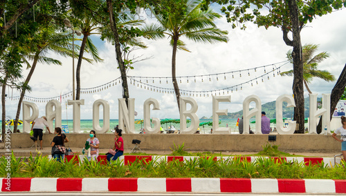 Patong beach sign at Patong beach, Phuket. Patong beach is the most popular beach in Phuket Island.
 photo