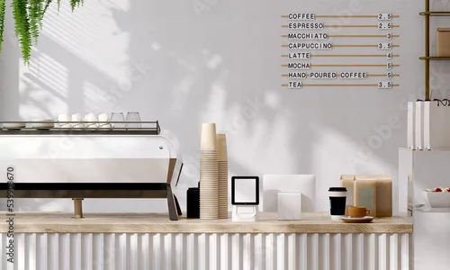 Fototapeta na wymiar Modern design of cafe with wooden white counter with professional espresso machine, cash register barcode scanner, coffee cup and menu in sunlight from window for food and beverage product display