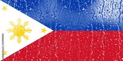 3D Flag of Philippines on a glass with water drop background.