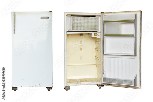 Photography Old rusty refrigerator isolated on white background.