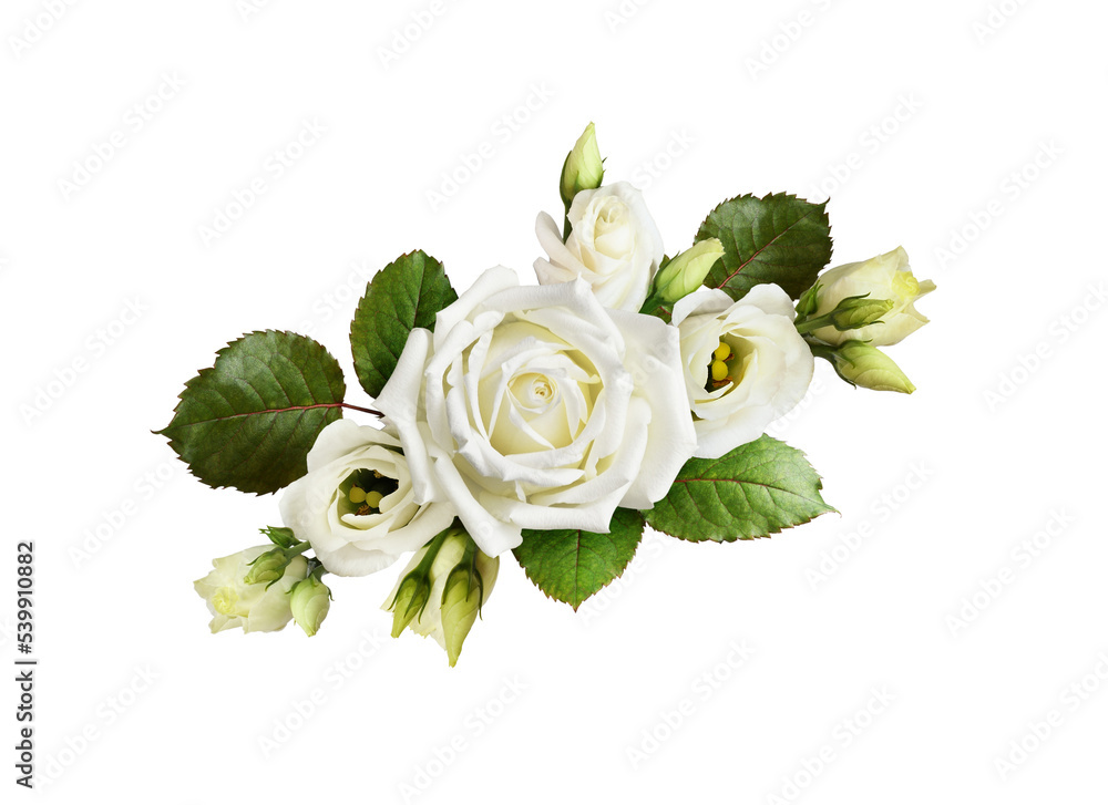 Bouquet of white roses and eustoma flowers isolated