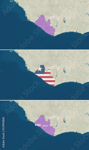 The map of Liberia with text, textless, and with flag