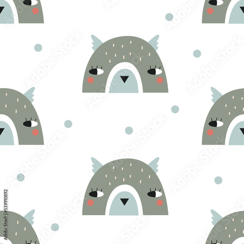 Seamless rainbow pattern with cute owl. Vector illustration