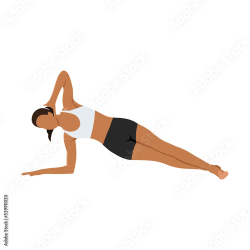 Woman doing Side plank with crossed legs exercise. Flat vector illustration isolated on white background