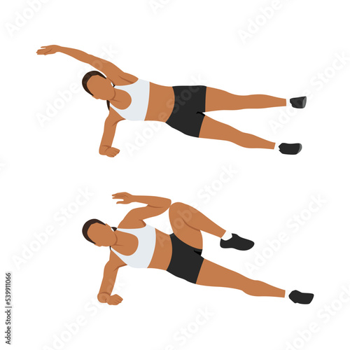 Woman doing Side plank Crunches exercise. Flat vector illustration isolated on white background