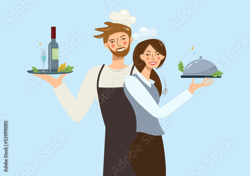 Restaurant waiter and waitress serving food and drinks on a tray. Chef, professional restaurant worker in uniform.Vector flat design illustration. Working professions, woman and man, cooks and waiters