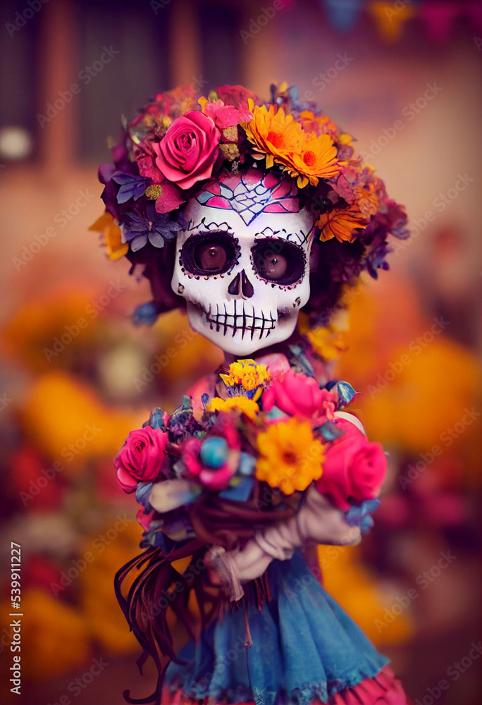 Cute Catrina doll draw. Catrina doll in a cartoon style. Catrina with