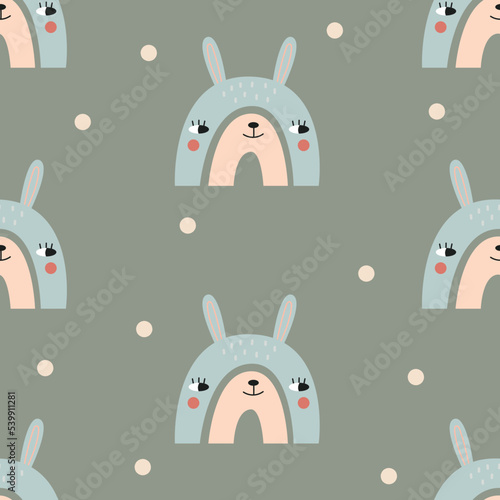 Seamless rainbow pattern with cute rabbit. Vector illustration